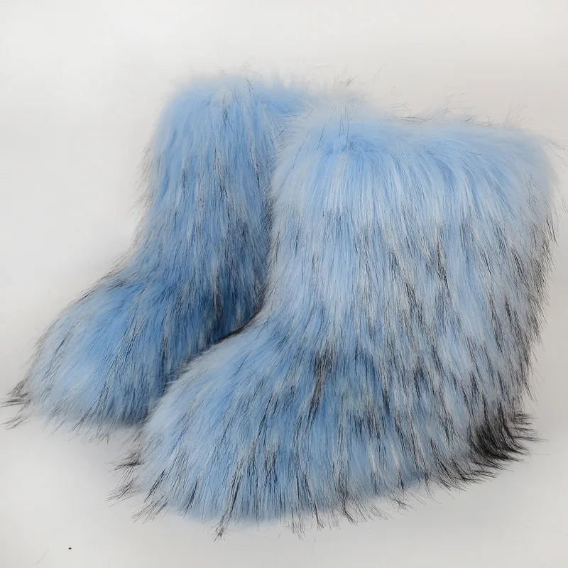 Women's Faux Fur Winter Snow Boots – Fluffy Plush Mid-Calf Slip-On Boots with Flat Sole for Cold Weather Comfort