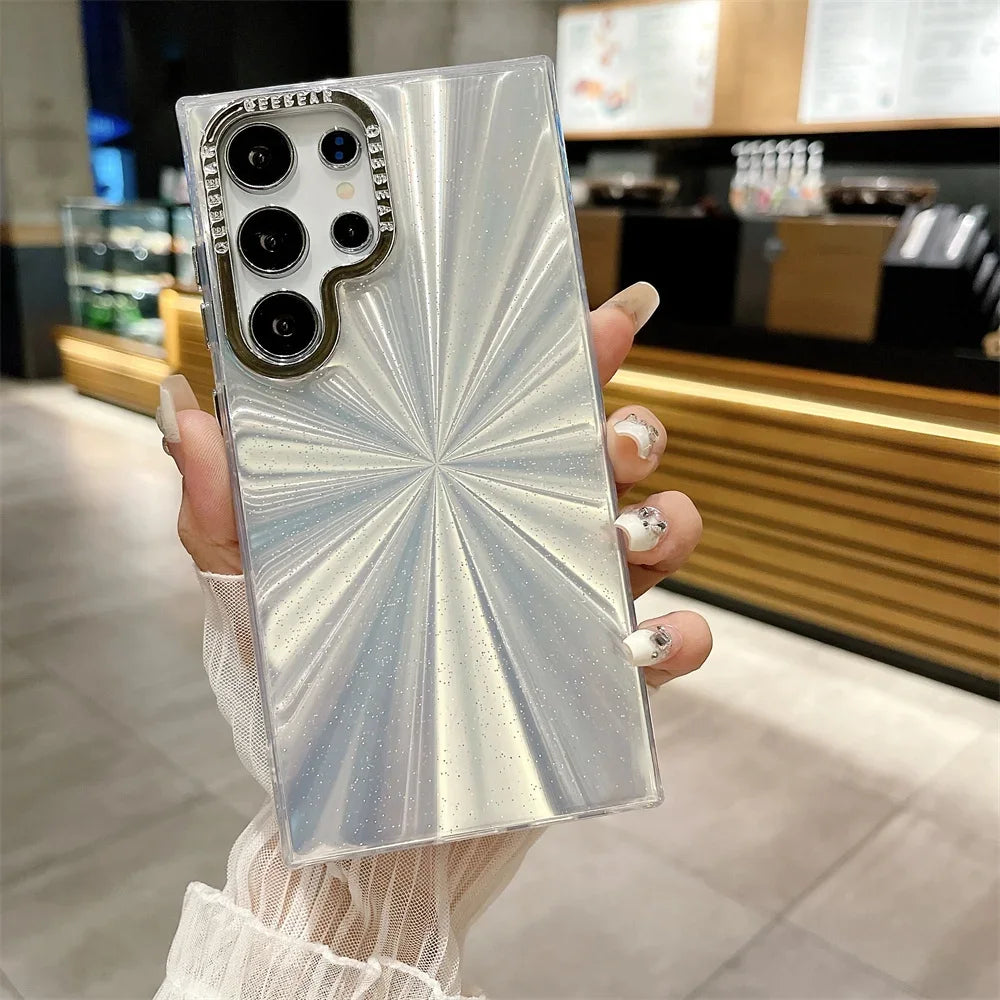 Aurora Gradient Feather Plating Case for Samsung Galaxy S22/S23/S24/S25 Series – Laser Hard Acrylic Shockproof Cover for Ultra and Plus Models