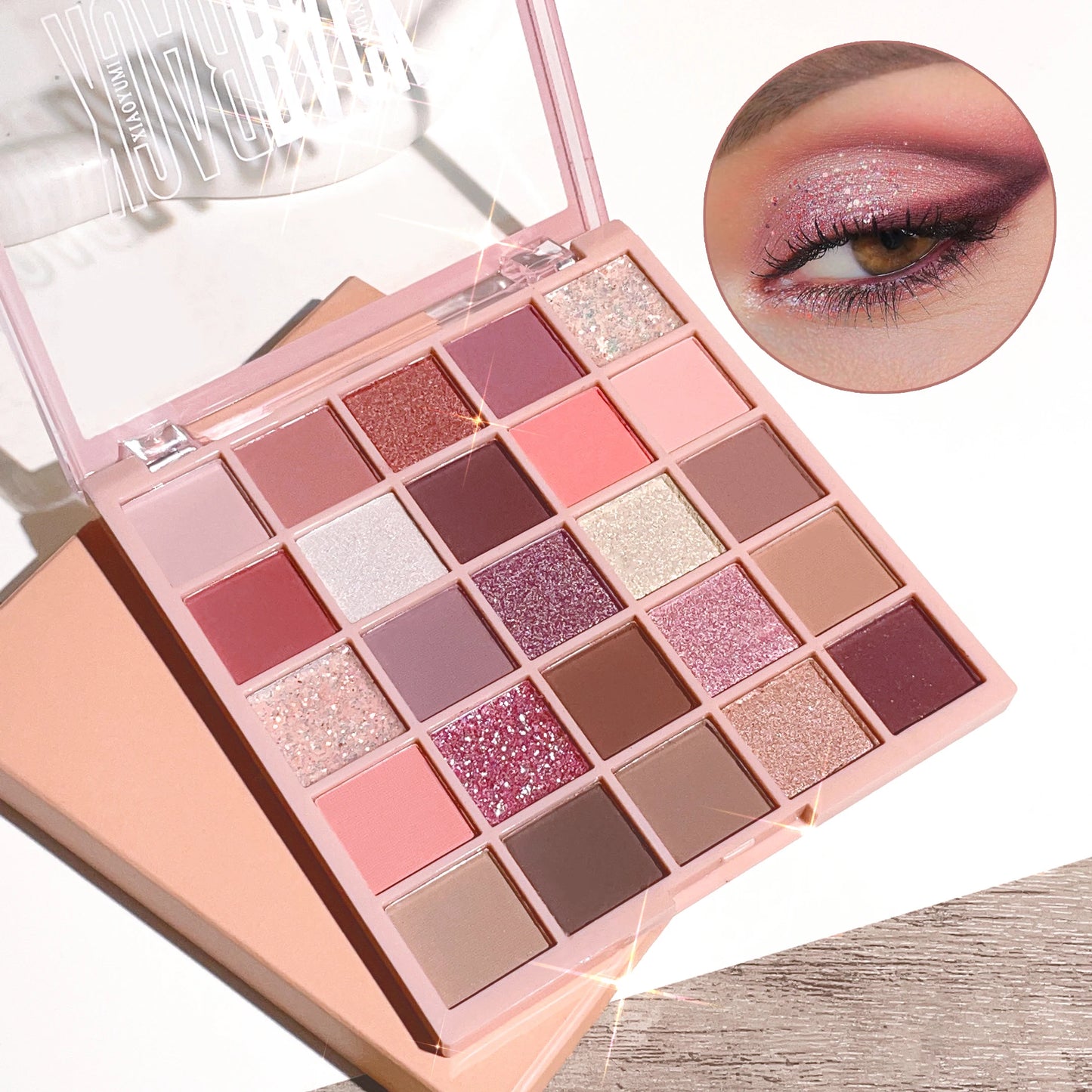 25-Color High Gloss Eyeshadow Palette – Cement Grey, Rose Brown, Matte & Glitter Finishes for Daily Makeup