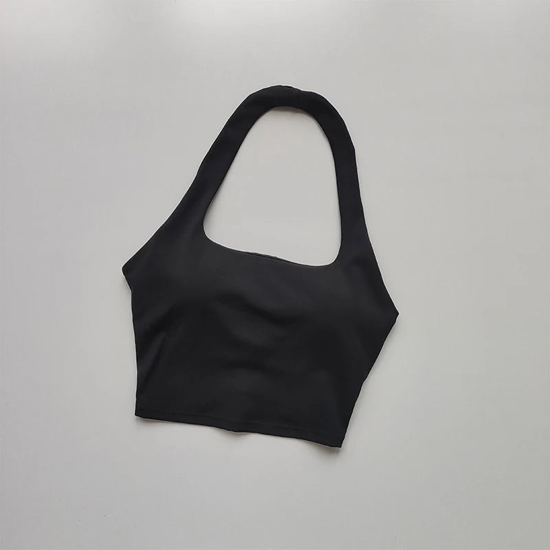 Women's Pleated Halter Sports Bra – Padded, Backless, Stylish Summer Activewear