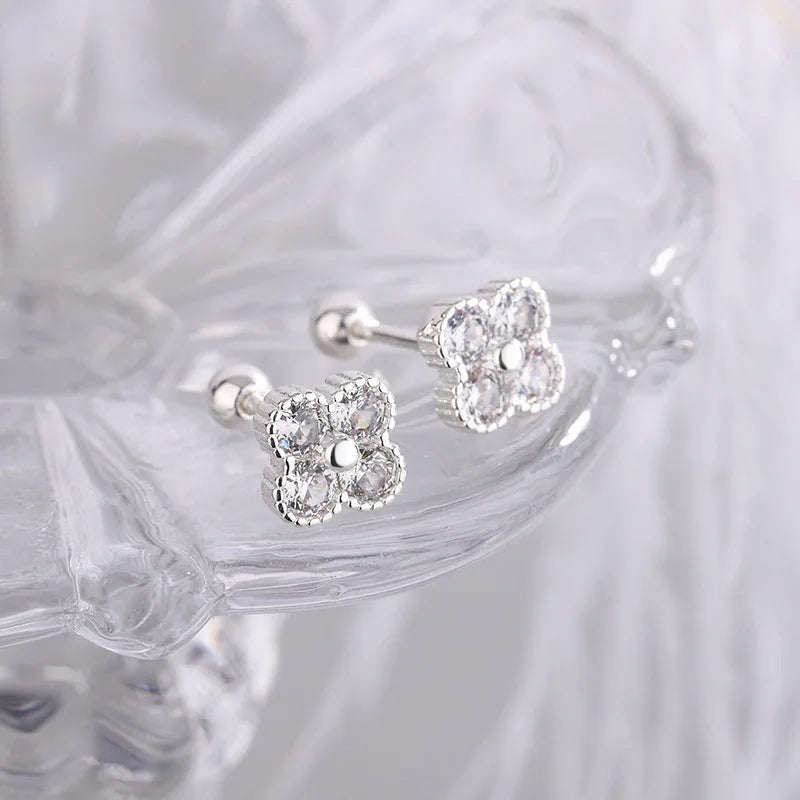 925 Sterling Silver Four-Round Zircon Stud Earrings for Women – Elegant Small Geometric Crystal Earrings for Party and Daily Wear