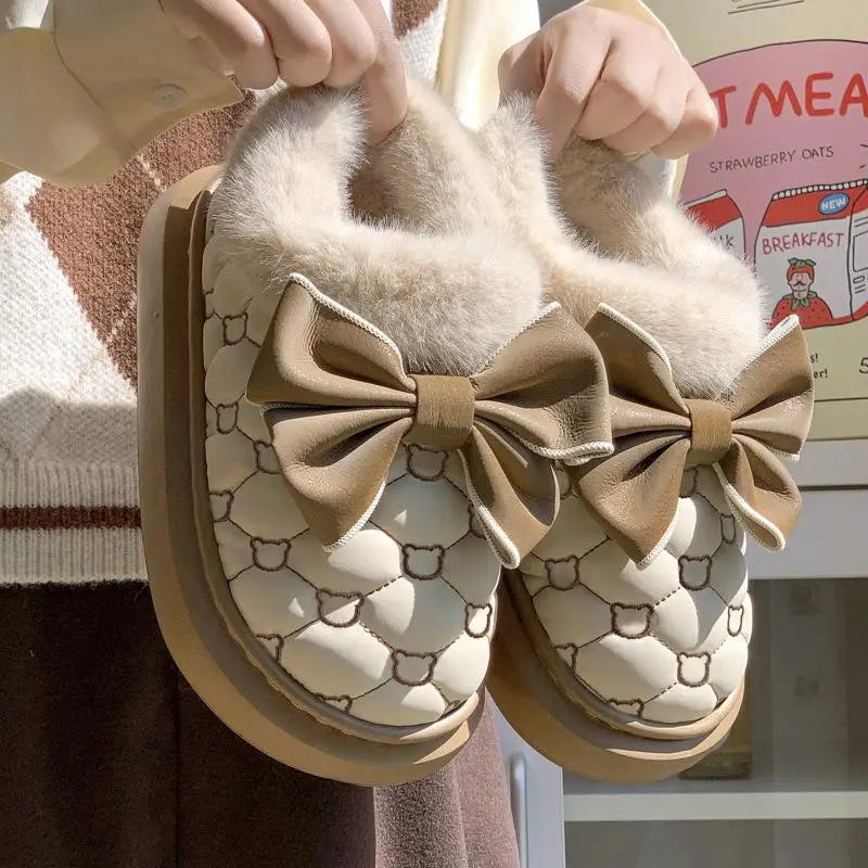 Women's Platform Snow Booties – Cute Bowknot Indoor Winter Slippers with Plush Lining and Flat Sole