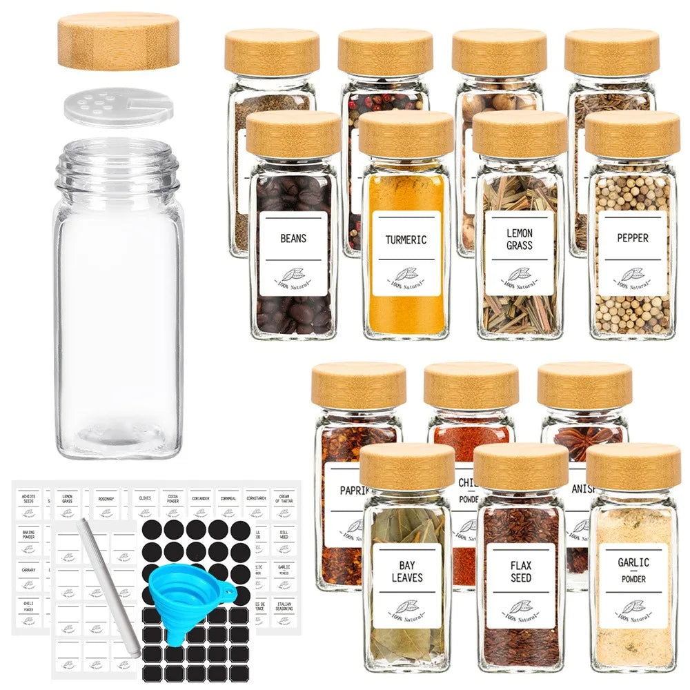 12-Piece Glass Spice Jar Set with Bamboo Lids – Includes Minimalist Labels, Stickers & Collapsible Funnel for Organized Kitchen Storage
