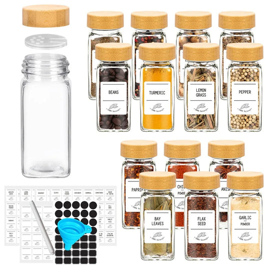 12-Piece Glass Spice Jar Set with Bamboo Lids – Includes Minimalist Labels, Stickers & Collapsible Funnel for Organized Kitchen Storage