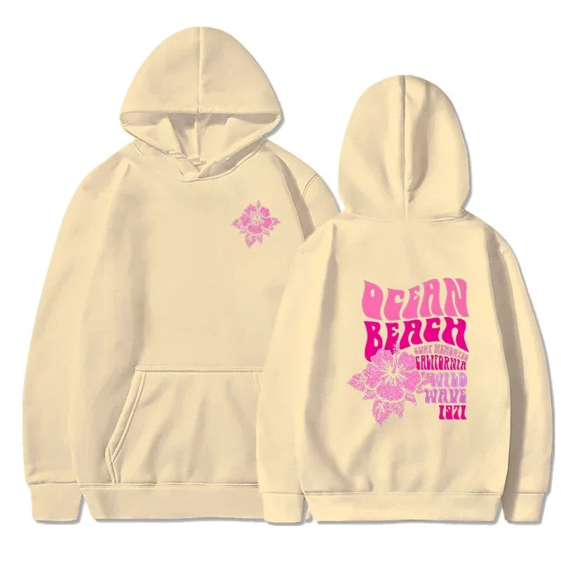 Beach Aesthetic Pink Hoodie with Ocean Flower Slogan – Casual Fleece Pullover Sweatshirt for Women