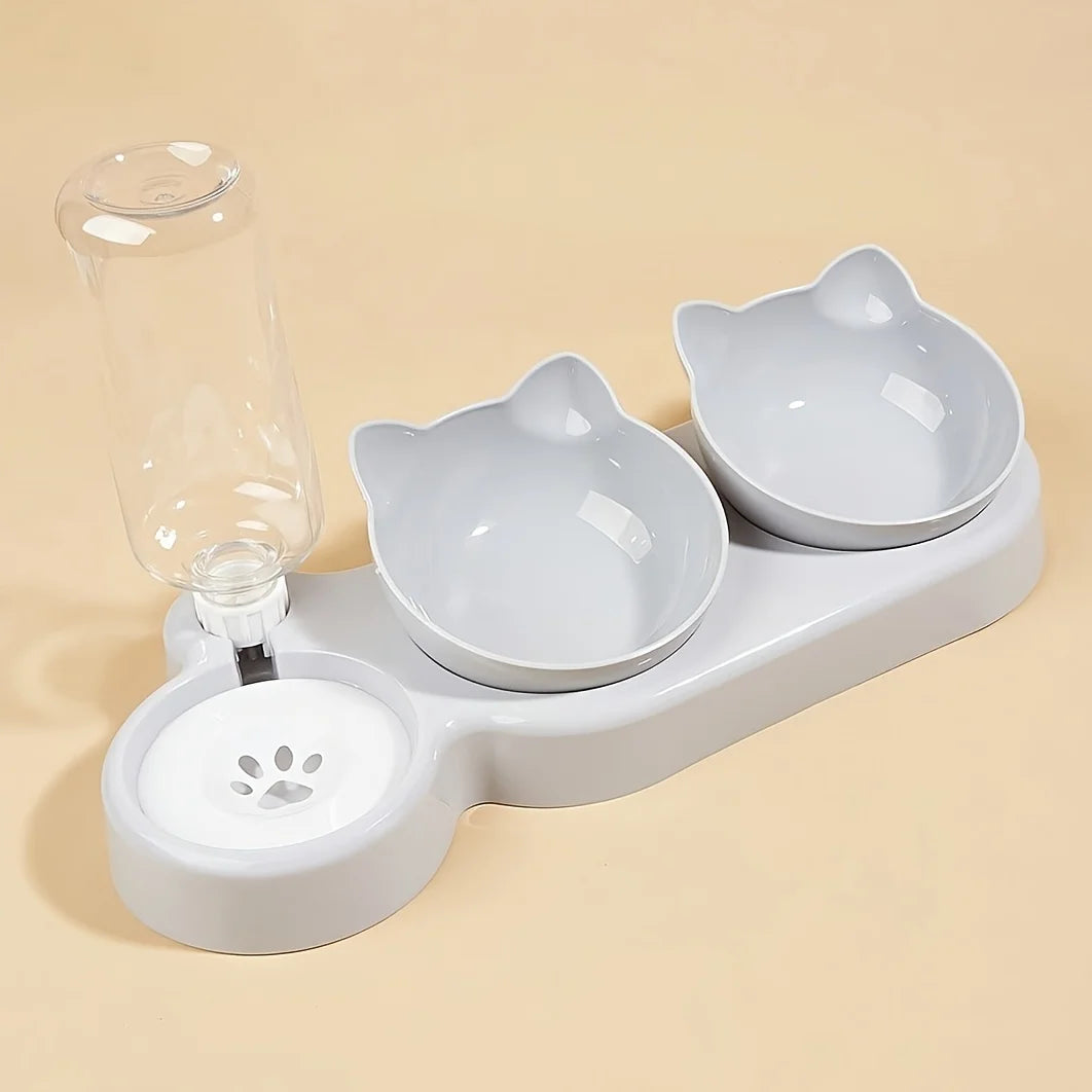 3-in-1 Tilted Cat Food and Water Bowl Set with Gravity Water Feeder – Ergonomic Raised Design for Neck Protection