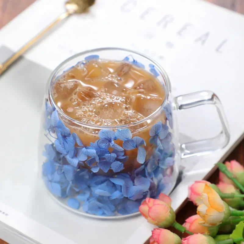 200ml Double-Wall Glass Coffee Cup with Handle – Transparent Floral Design, Heat-Resistant Insulated Juice Mug
