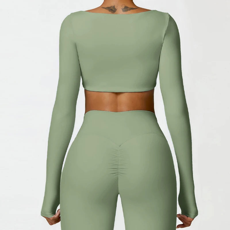 Square Neck Long Sleeve Sports Crop Top – Quick-Dry Yoga & Training Shirt for Women