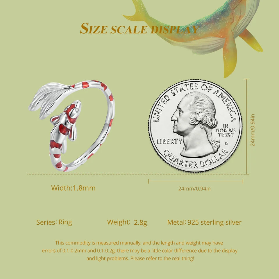 Adjustable Red Koi Fish Ring in 925 Sterling Silver – Lucky Animal Cocktail Ring with Zircon Detail