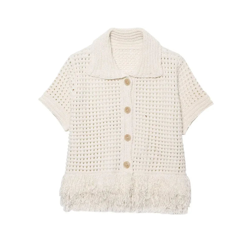 Women's Elegant Knit Two-Piece Set – Tassel Embellished Hollow Out Short Sleeve Blouse & Mini Skirt