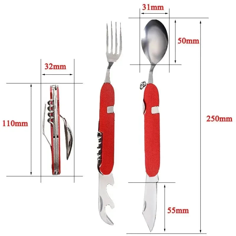 6-in-1 Foldable Camping Utensil Set – Stainless Steel Knife, Fork & Spoon Combo with Bottle Opener for Outdoor, Travel, and Picnic Use