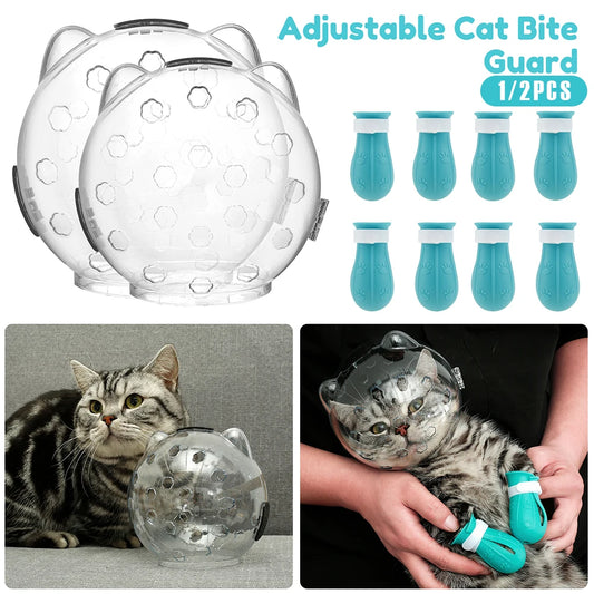 1/2Pcs Cat Muzzle with 4 Silicone Paw Shoes – Anti-Bite, Anti-Licking Pet Grooming Helmet Hood with Breathable Design