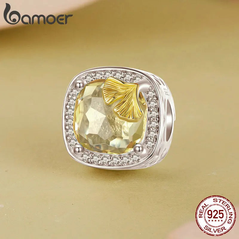 925 Sterling Silver Ginkgo Leaf and Butterfly Heart Charm – Autumn Collection Bead with Zircon for DIY Bracelets