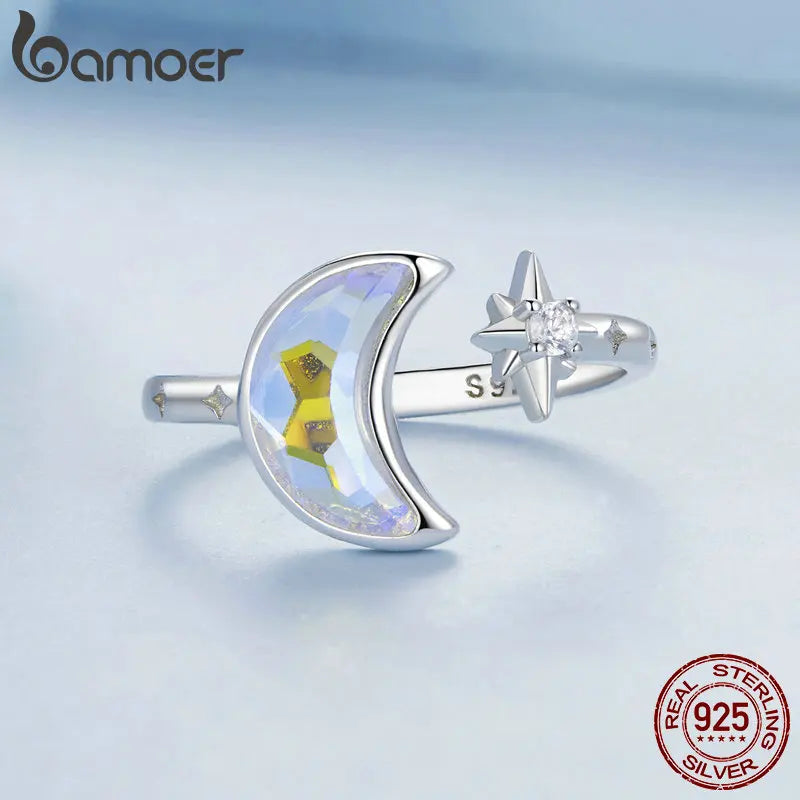 Sterling Silver Adjustable Moon and Star Ring – 925 Silver Cocktail Jewelry for Women