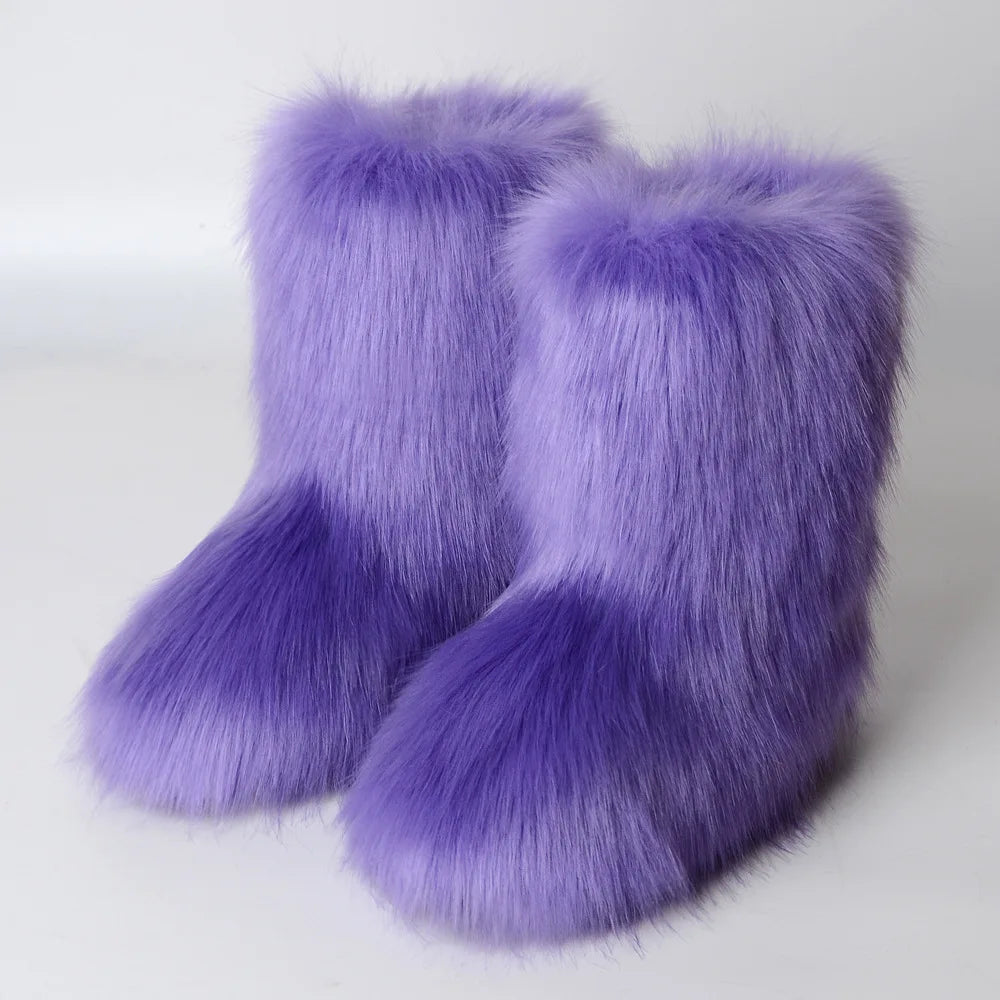 Women's Faux Fur Winter Snow Boots – Mid-Calf Plush Furry Slip-On Boots with Warm Lining and Rubber Sole