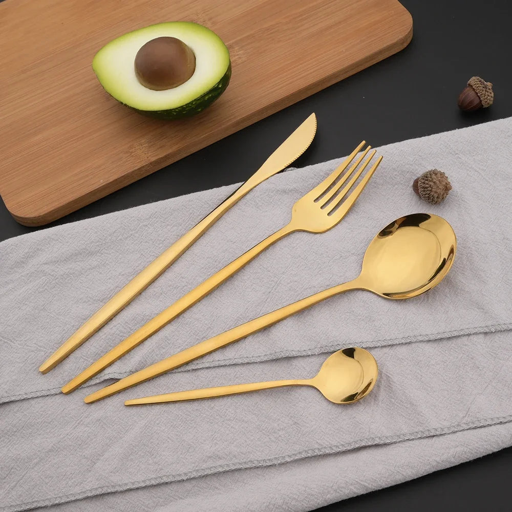 16Pcs Green and Gold Stainless Steel Dinnerware Set – Elegant Flatware Cutlery with Knife, Fork, Spoon, and Teaspoon