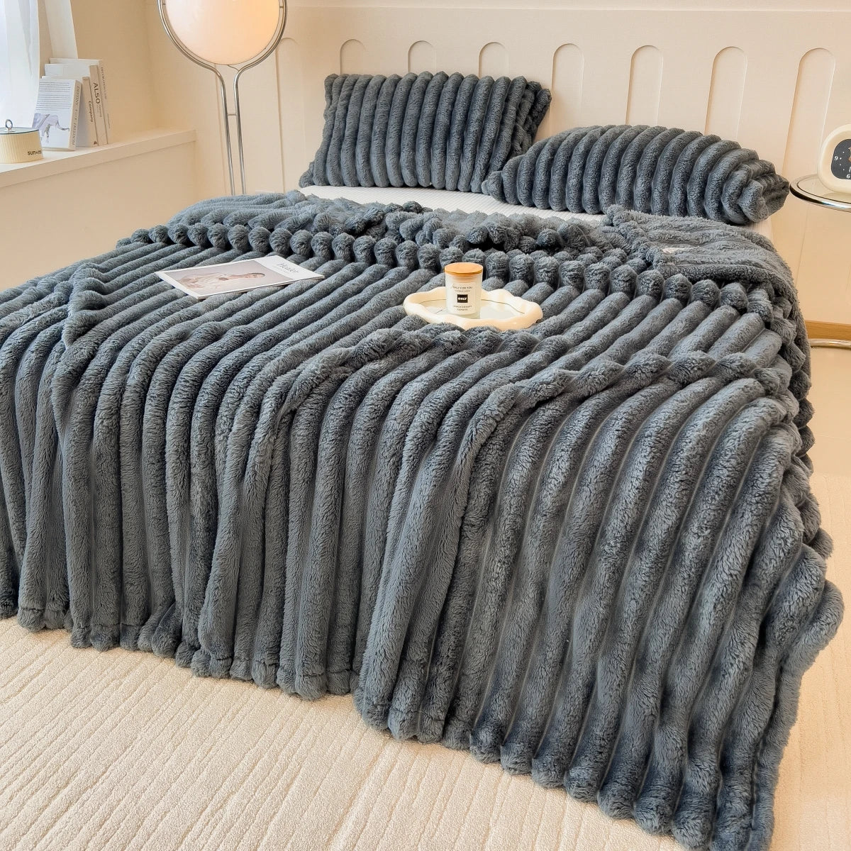 Solid Color Thickened Striped Blanket – Multifunctional Polyester Cover for Bed, Sofa, Naps, and Pets