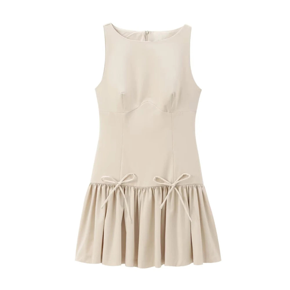 Chic Ruffled Mini Dress with Bows – Sleeveless O-Neck Casual A-Line Dress for Women