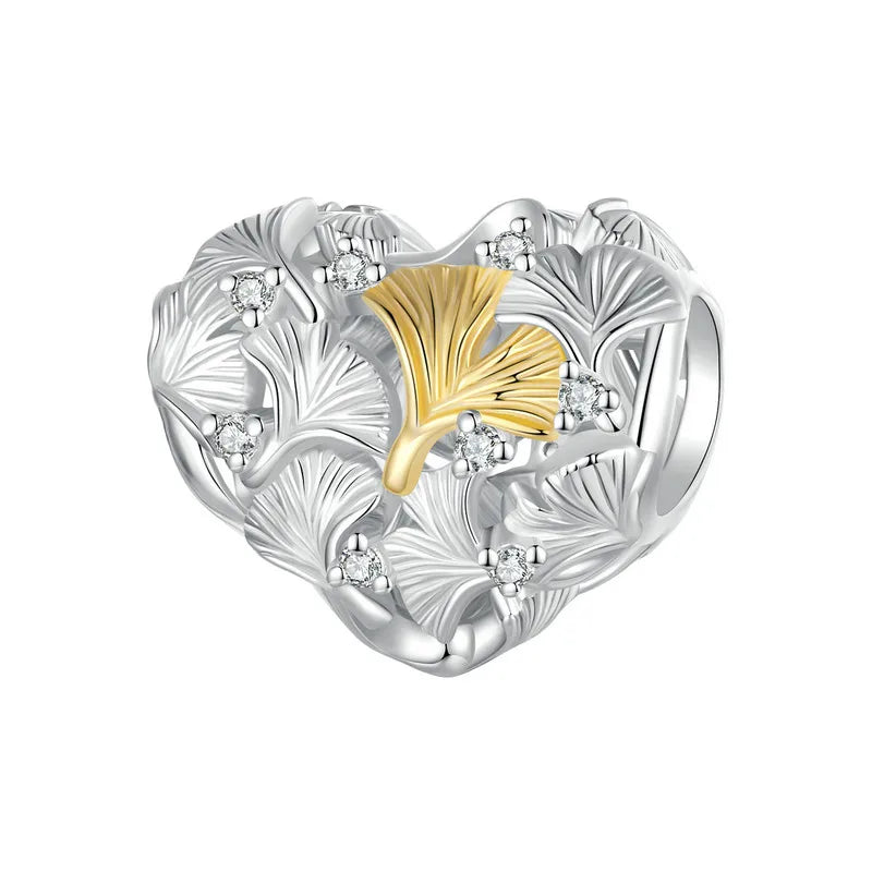 925 Sterling Silver Ginkgo Leaf and Butterfly Heart Charm – Autumn Collection Bead with Zircon for DIY Bracelets