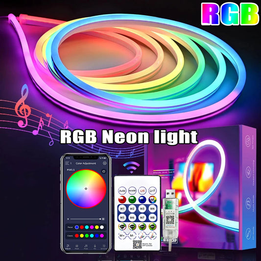 5V RGB USB Neon Strip Light – Waterproof Flexible LED Ribbon with Bluetooth & Remote Control (1M–5M Options)