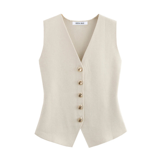 V-Neck Sleeveless Knit Vest – Slim Fit Minimalist Button-Up Streetwear Top