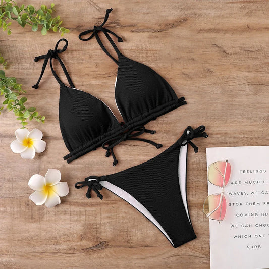 Sexy Mid-Waist Bikini Set – Women's Brazilian-Style Swimsuit with Pad, Solid & Striped Beachwear