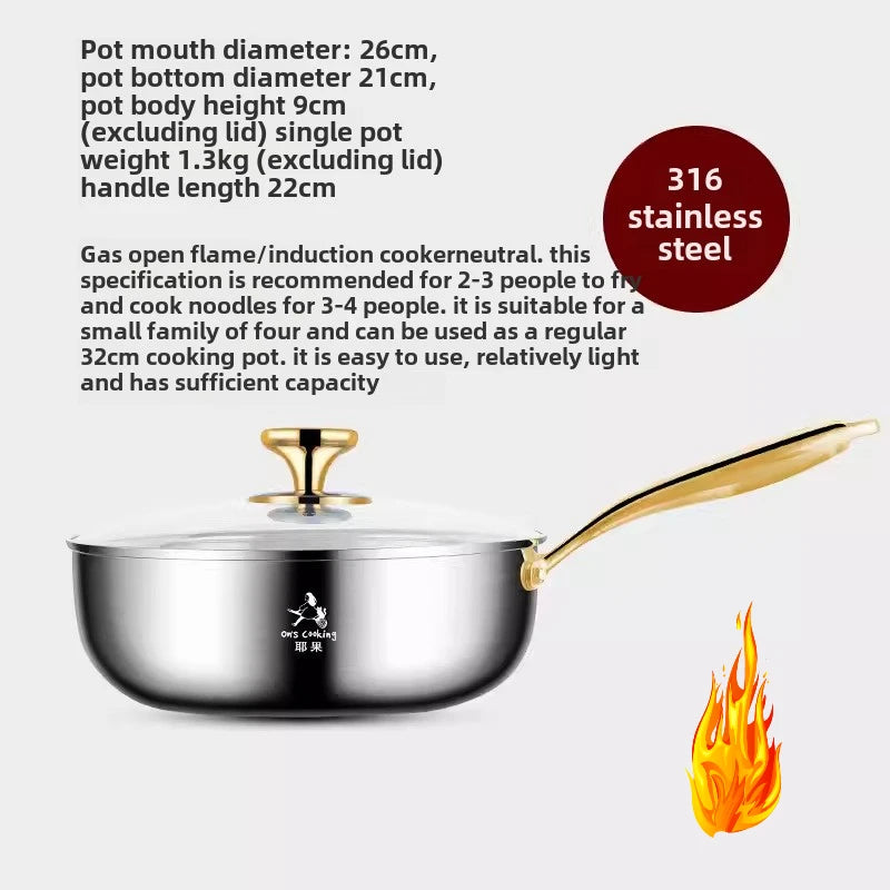 316 Stainless Steel Small Wok with Lid – Golden Handle Deepened Flat Bottom Soup Pot & Non-Stick Pan