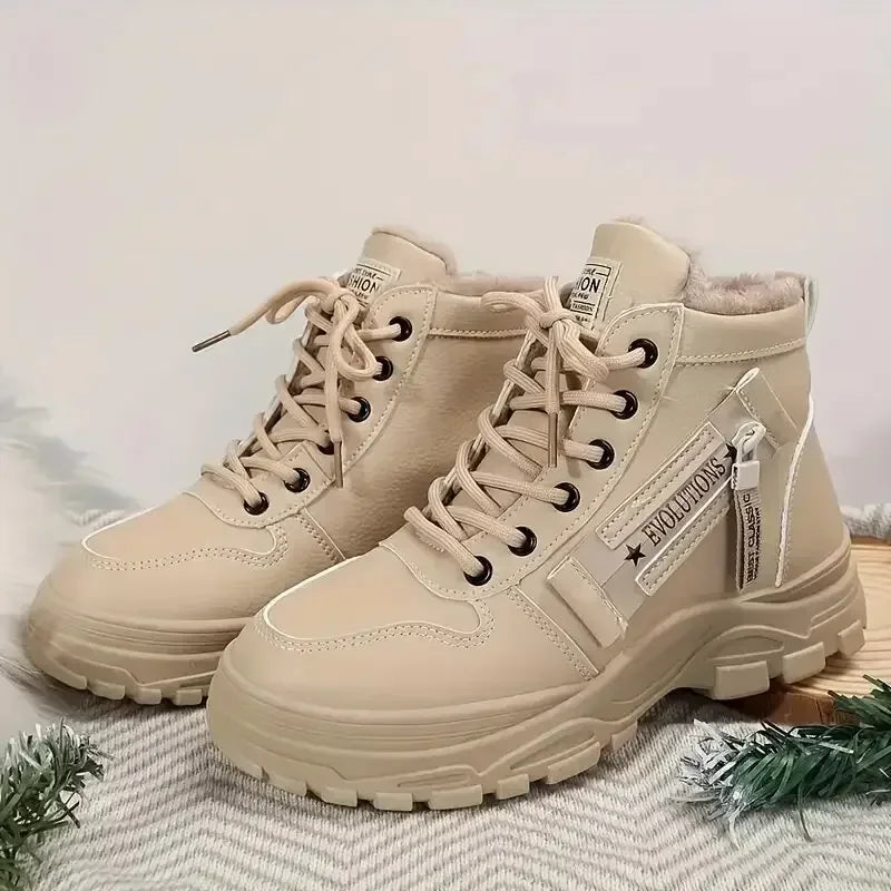 Women's Knee-High Winter Snow Boots – Warm Flannel Lining, Lace-Up Platform Sneakers with Wedge Heel