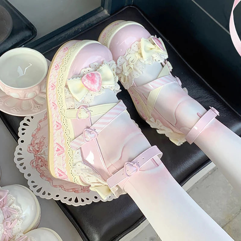 Sweet Lolita Platform Mary Jane Shoes – Strawberry Bow Lace Flats for Girls and Students