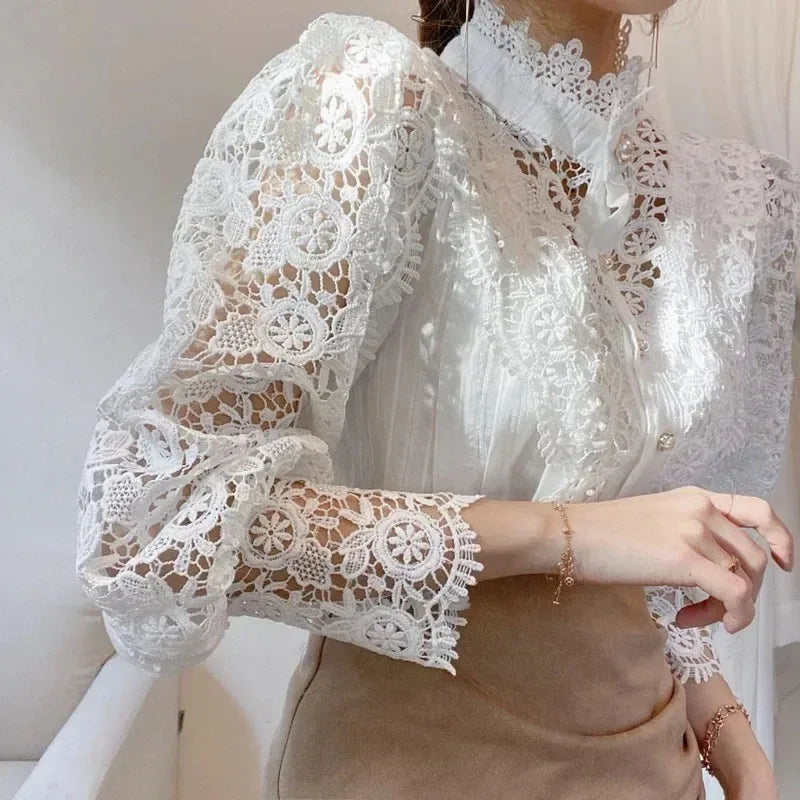 Vintage Lace Hollow Floral Blouse – Stand Collar Button-Up Long Sleeve Shirt for Women