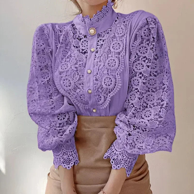 Vintage Lace Hollow Floral Blouse – Stand Collar Button-Up Long Sleeve Shirt for Women