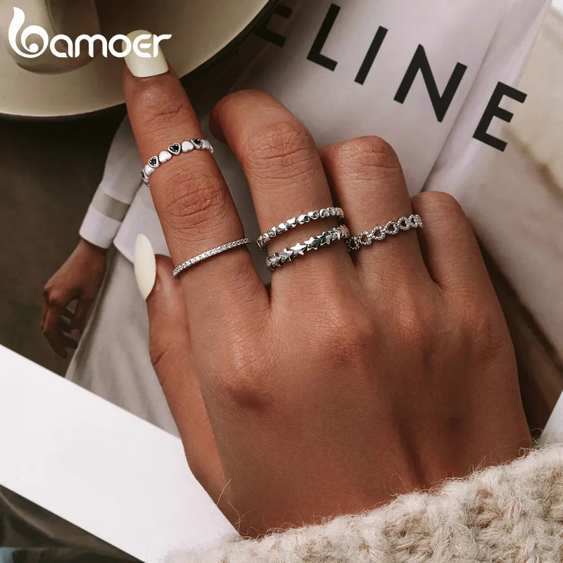 Stackable Heart Ring in 925 Sterling Silver with Black CZ – Romantic Wedding Band for Women