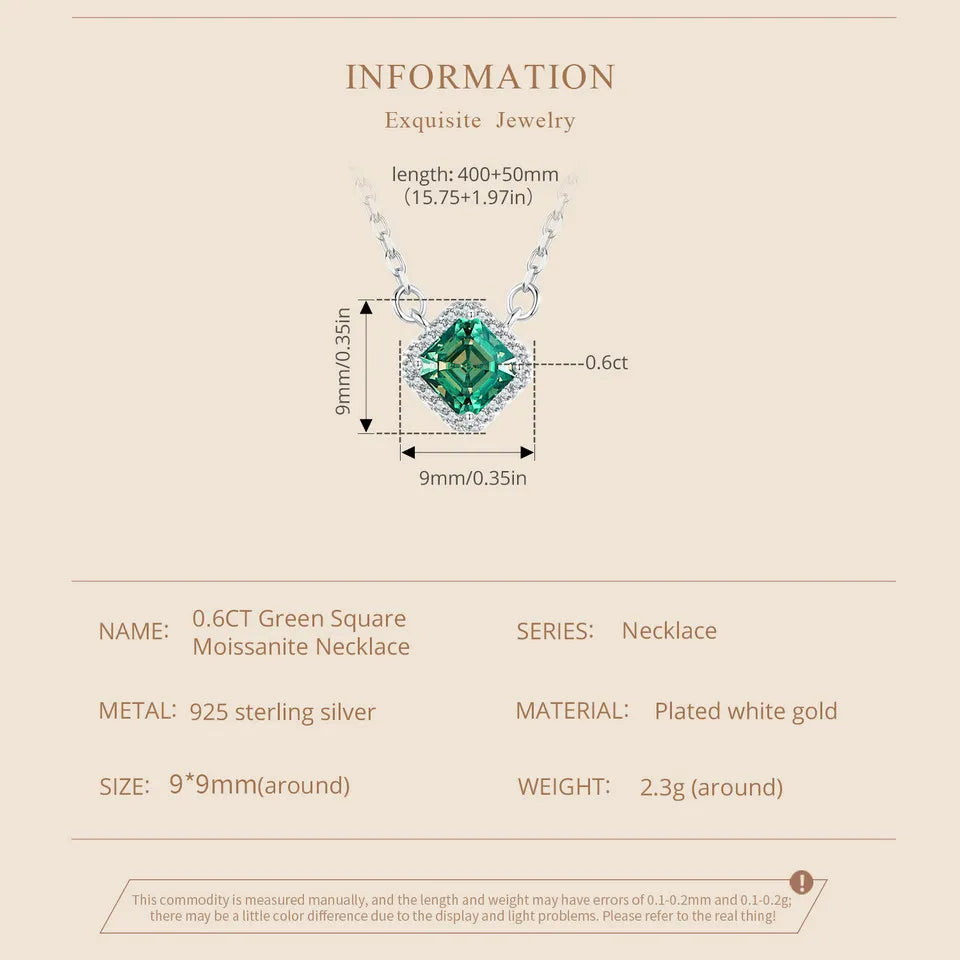925 Sterling Silver Green Moissanite Pendant Necklace for Women – VVS1 Lab Diamond, 18K White Gold Plated, Classic Fine Jewelry Gift