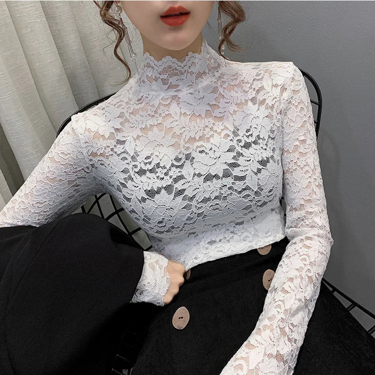 Versatile High Neck Lace Blouse – Elegant Slim Fit with Mock Neckline and Lace Trim