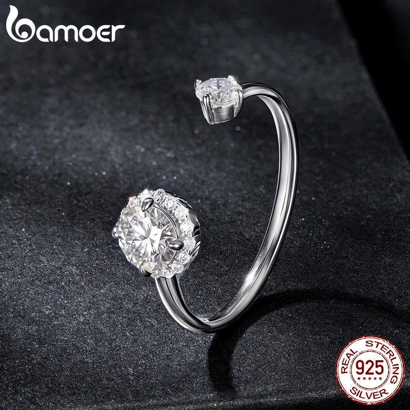 Adjustable Moissanite Open Ring – 925 Sterling Silver with White Gold Plating, 0.7CT D Color VVS1 Stones for Women