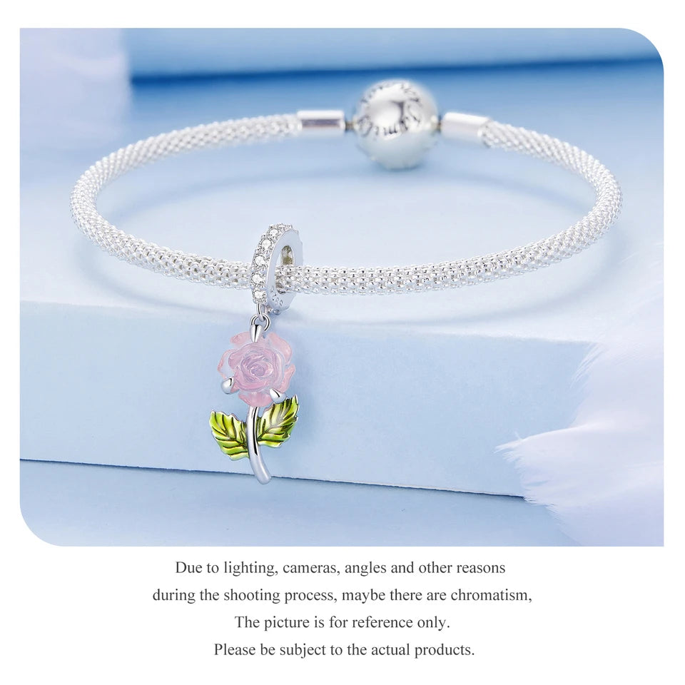 925 Sterling Silver Rose Hanging Charm – Color-Changing Flower Pendant for Bracelet or Necklace DIY