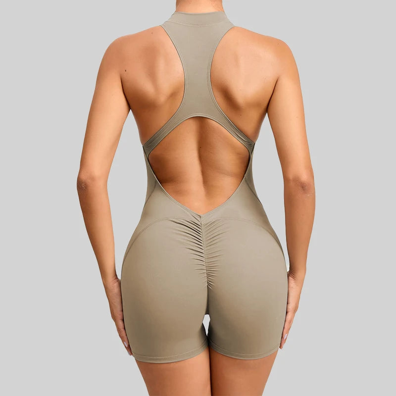 V-Back Scrunch Sports Jumpsuit for Women – Sleeveless Zipper One-Piece Gym Romper for Yoga & Fitness