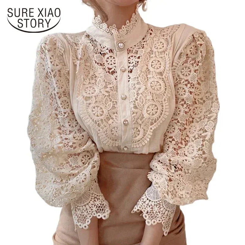 Vintage Lace Hollow Floral Blouse – Stand Collar Button-Up Long Sleeve Shirt for Women