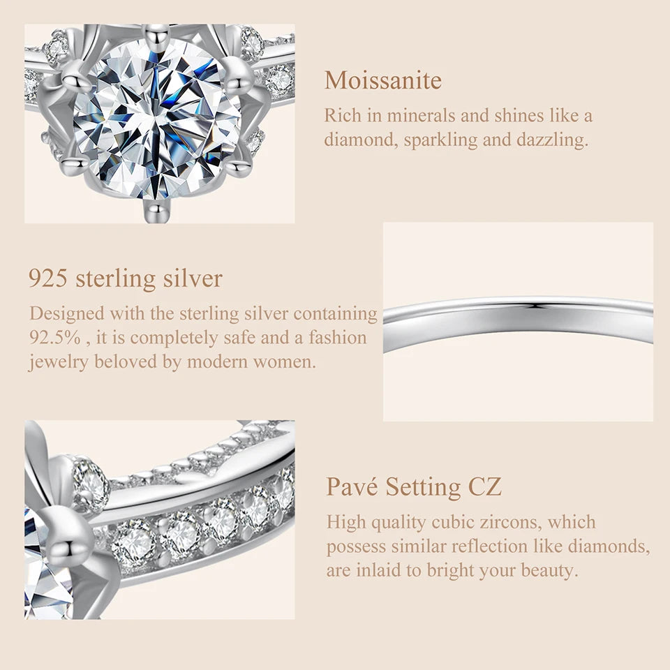 1 Carat Moissanite Flower Ring – D Color VVS1 Round Solitaire on 925 Sterling Silver Plant-Inspired Engagement Band for Women