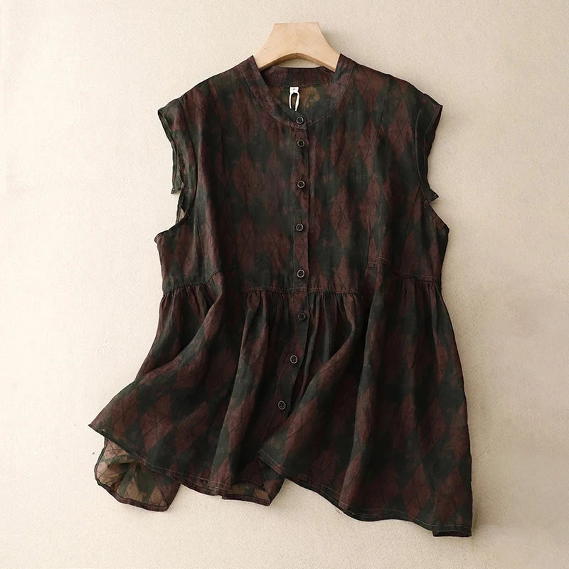 Vintage Floral Linen Blend Sleeveless Blouse – O-Neck Button-Front Spring Top for Women
