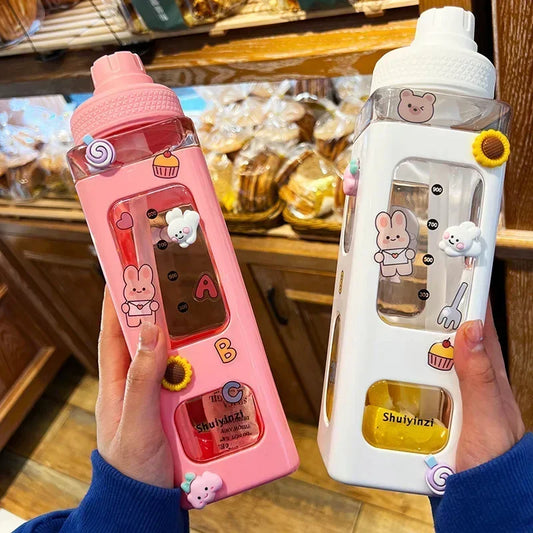 700ml/900ml Kawaii Pastel Straw Water Bottle – Cute Plastic Travel Cup for Juice, Tea, or Milk with Lid and Handle