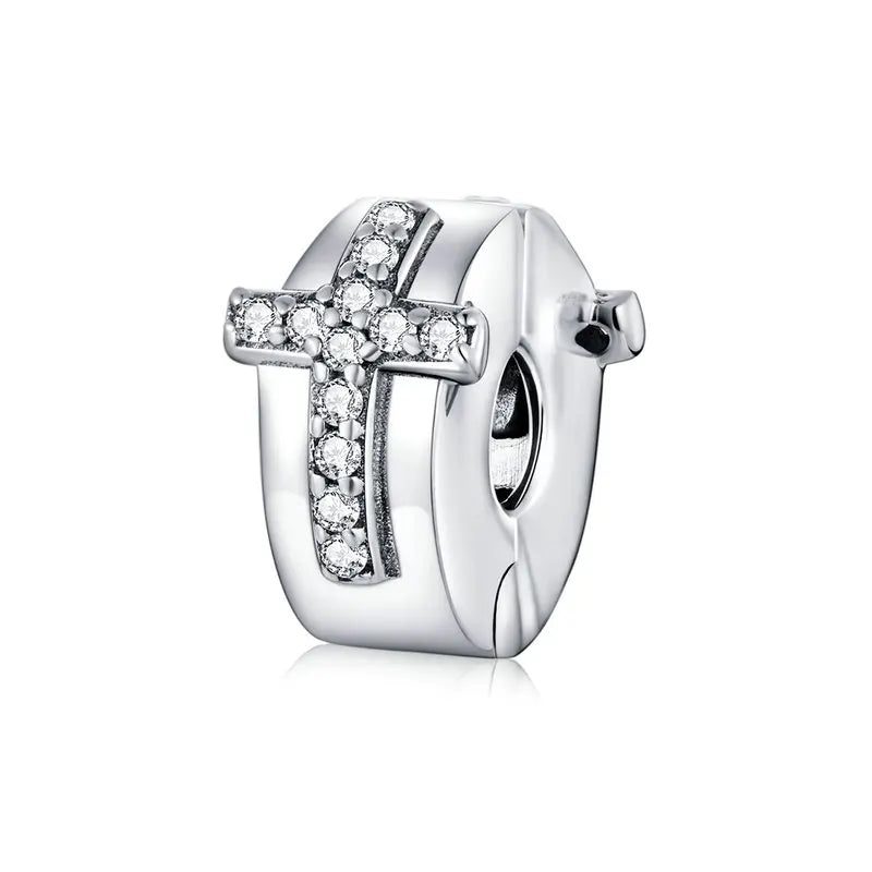925 Sterling Silver Family Heart Cross Charm – Clear 5A Crystal Bead for Bracelets & Necklaces