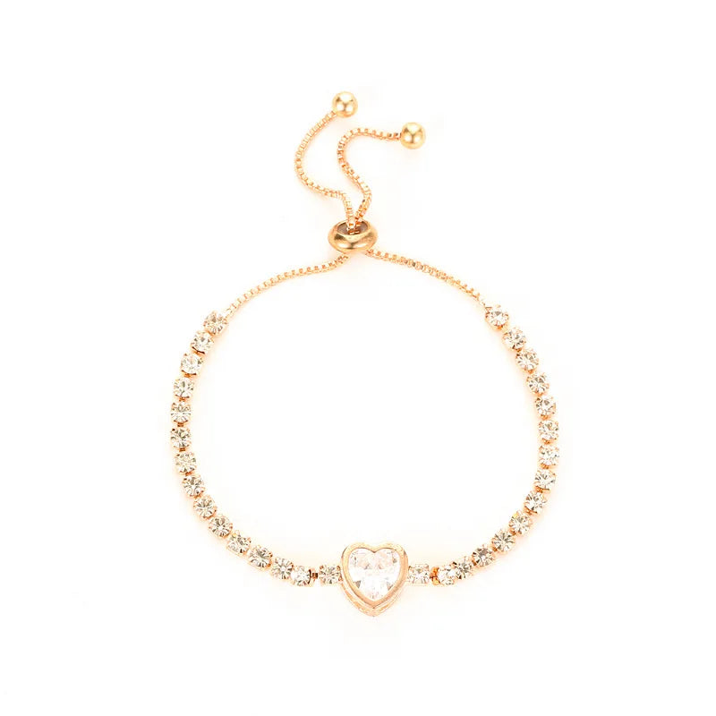 18K Gold Plated Adjustable Bracelet for Women – Rhinestone Heart Link with Square Zircon Charm