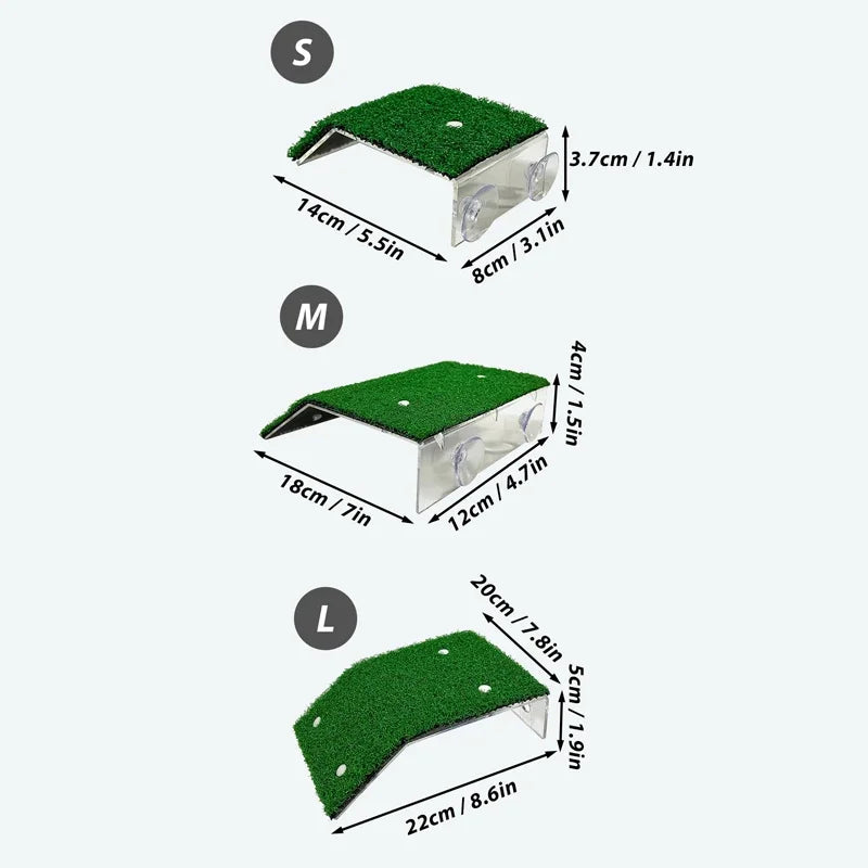 Turtle Basking Platform with Grass Ramp – S/M/L Floating Island Terrace for Reptile Habitat – Aquarium Rest Resting Dock with Suction Cups