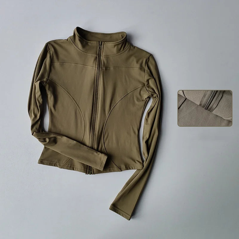 Women's Quick-Dry Zip-Up Slim Fit Yoga Jacket – Long Sleeve Stand Collar Outdoor Fitness Top