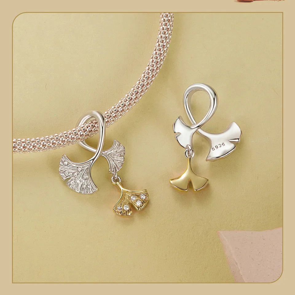 925 Sterling Silver Ginkgo Leaf and Butterfly Heart Charm – Autumn Collection Bead with Zircon for DIY Bracelets