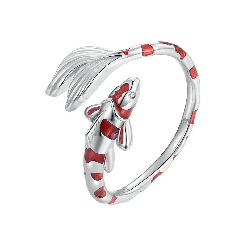 Adjustable Red Koi Fish Ring in 925 Sterling Silver – Lucky Animal Cocktail Ring with Zircon Detail