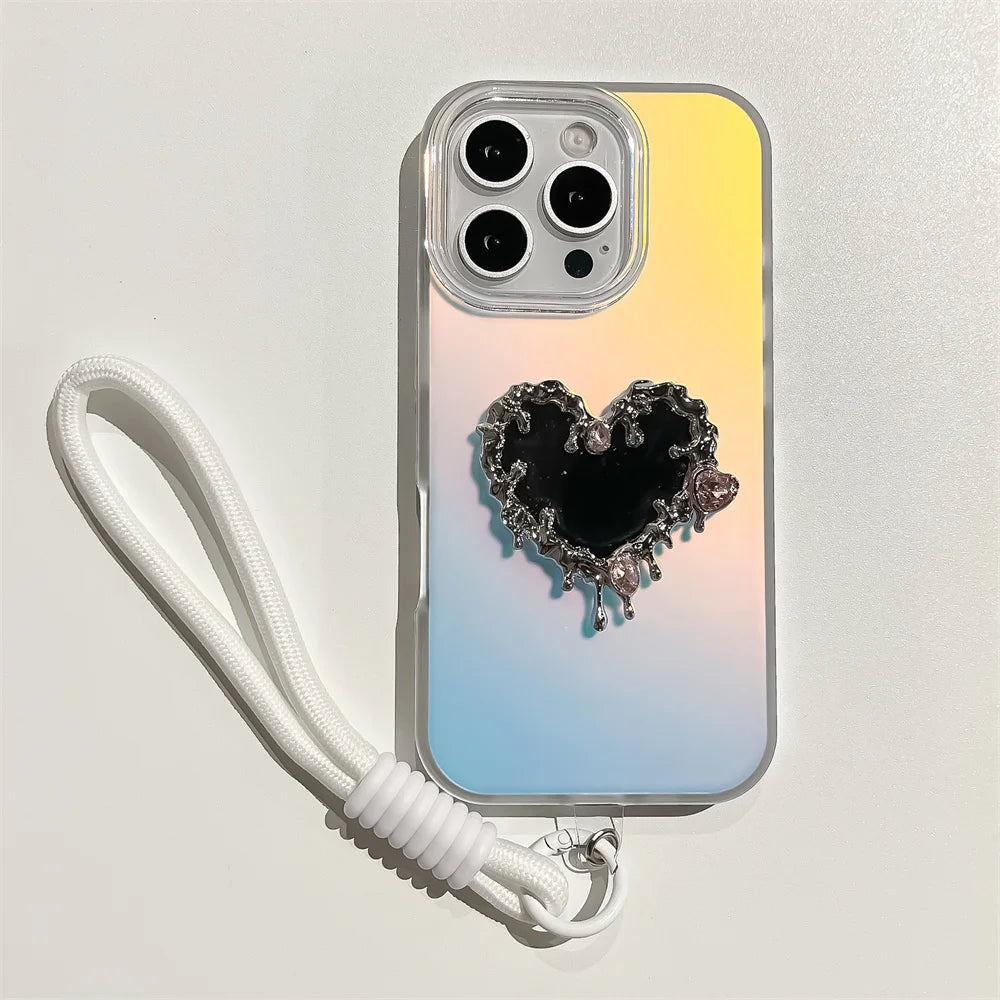 Aurora Love Heart Mirror Case with Wrist Strap for iPhone 16/15/14/13 Pro Max – Laser Gradient Lanyard Makeup Cover