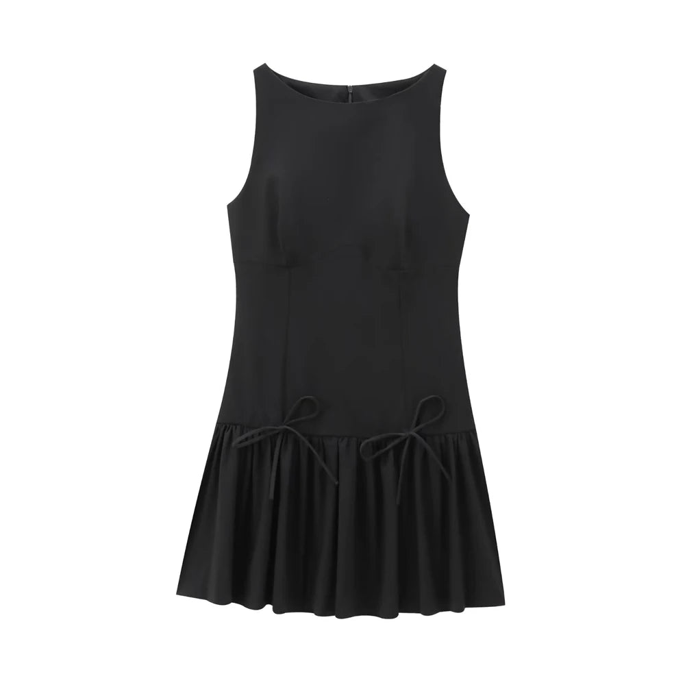 Chic Ruffled Mini Dress with Bows – Sleeveless O-Neck Casual A-Line Dress for Women