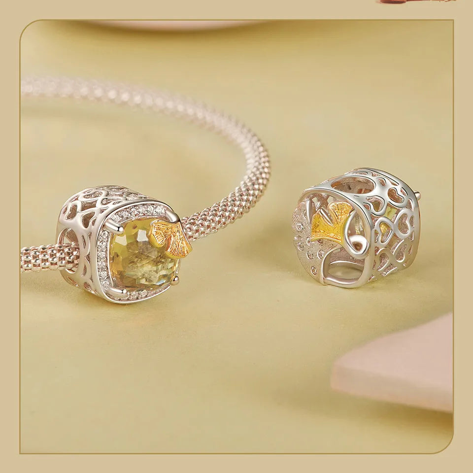 925 Sterling Silver Ginkgo Leaf and Butterfly Heart Charm – Autumn Collection Bead with Zircon for DIY Bracelets
